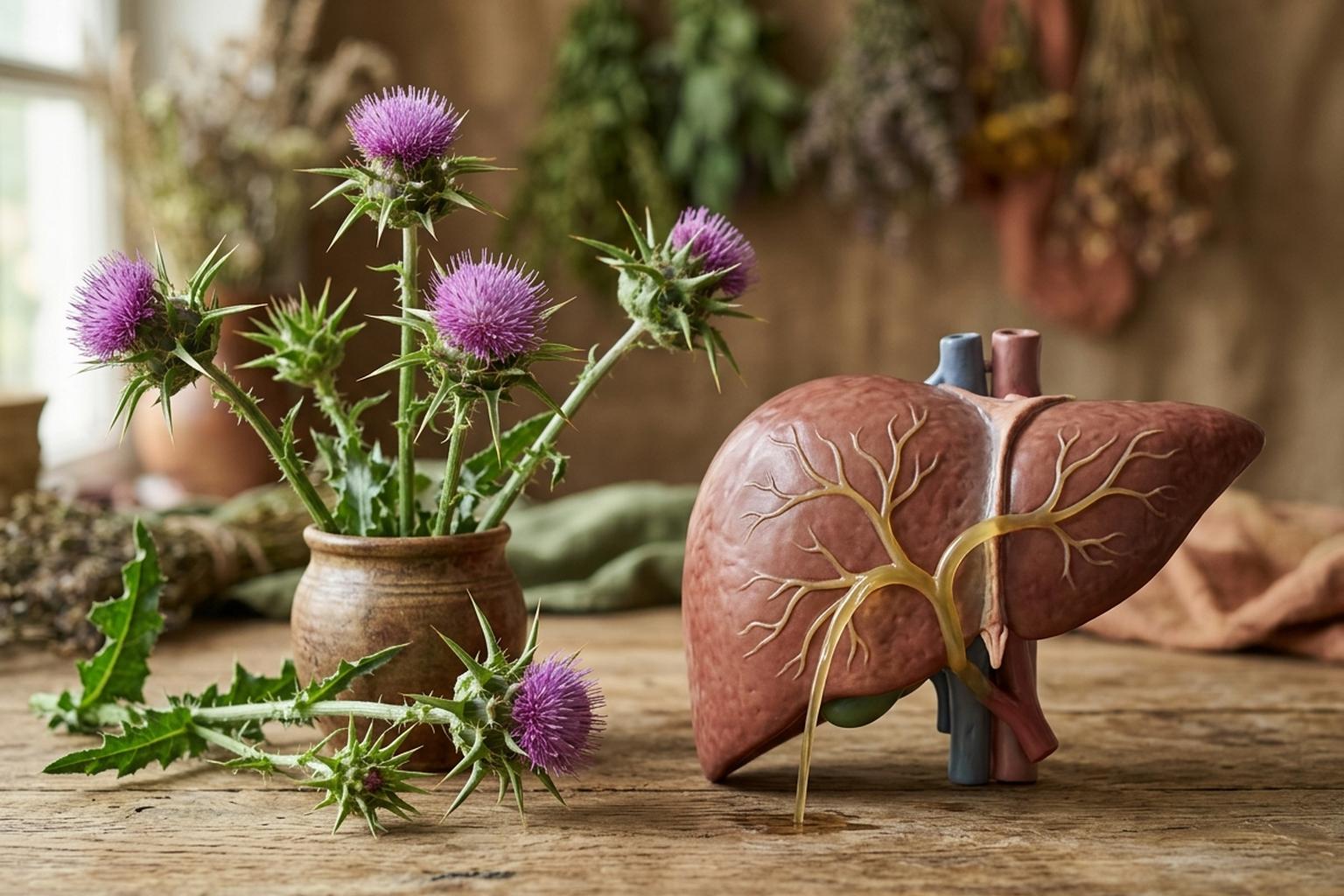 Fresh milk thistle flowers beside a healthy liver model