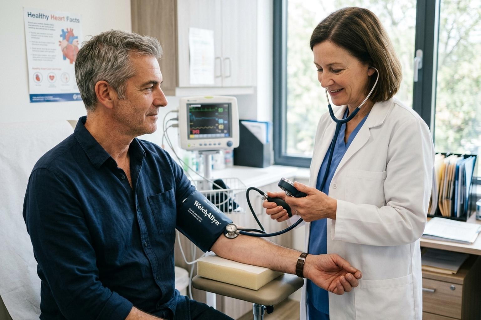 A man in his late fifties having his blood pressure checked at a clinic