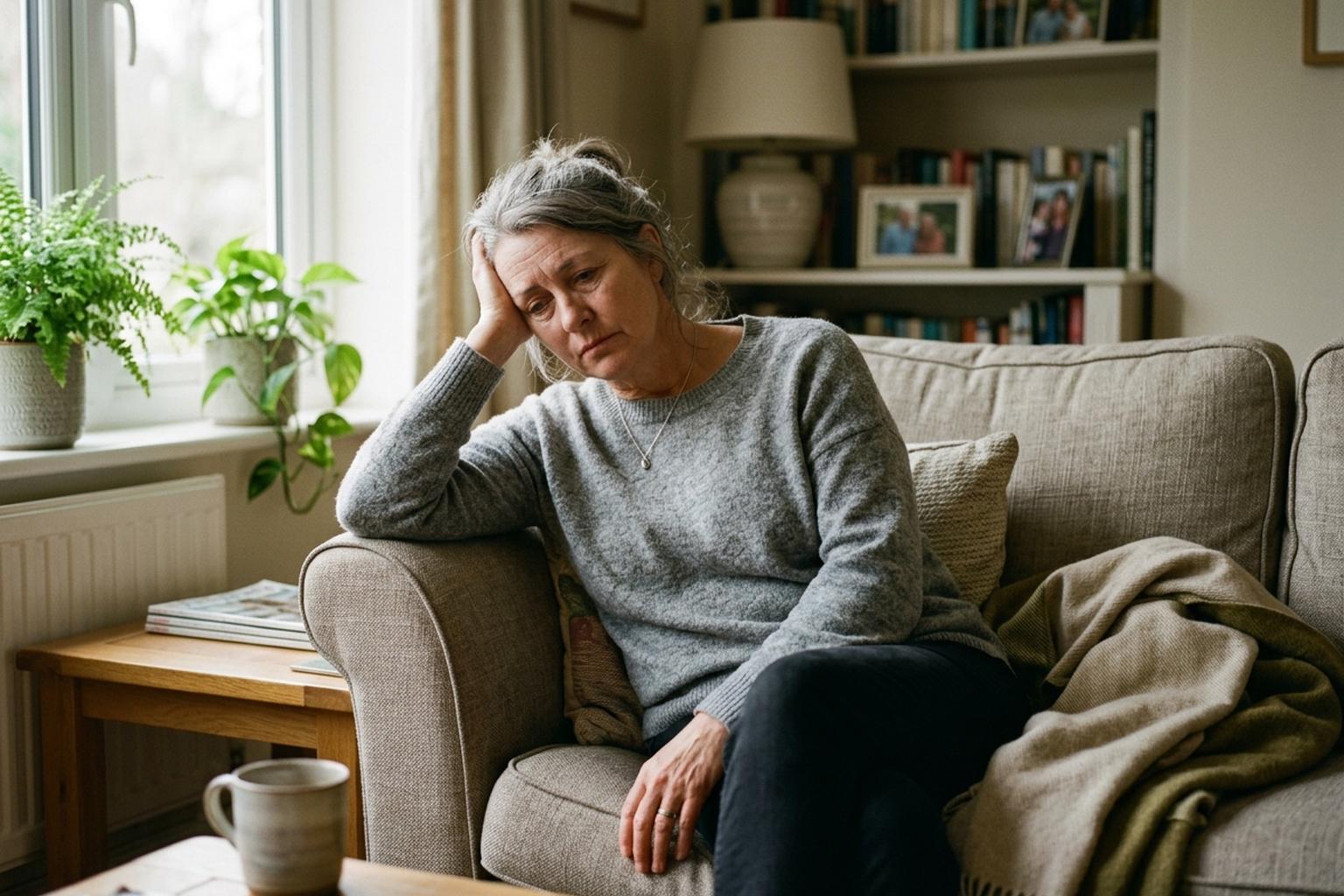 A woman in her fifties looking drained and low on energy in the afternoon
